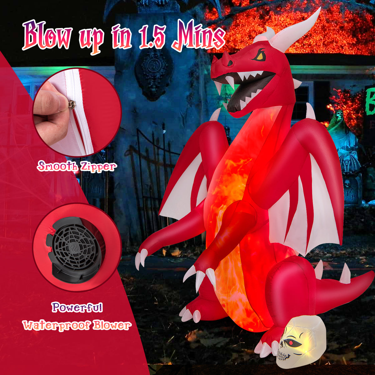 8 FT Halloween Inflatable Fire Dragon, Flash Blow up Lighted Inflatables with Multi-Color Skull