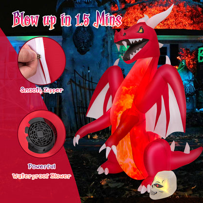 8 FT Halloween Inflatable Fire Dragon, Flash Blow up Lighted Inflatables with Multi-Color Skull