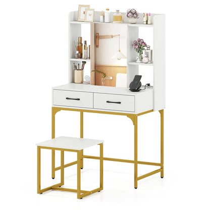 Vanity Desk Set with Charging Station, Modern Dressing Table with Mirror Cabinet