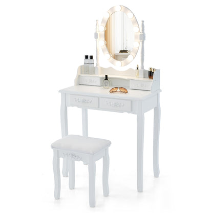 Vanity Table Set with Lighted Rotatable Mirror, Dressing Table with 3-Color Lights & Adjustable Brightness