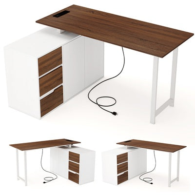 54.5” L Shaped Computer Desk with Power Outlet, Reversible Corner Desk with File Cabinet and 3 Drawers