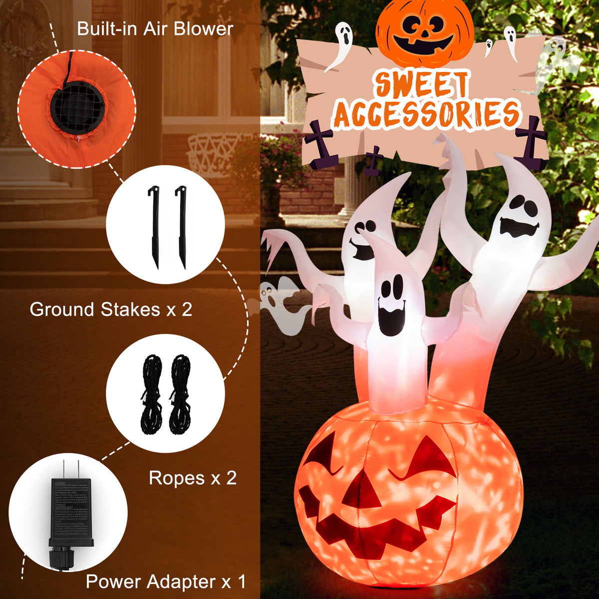 6FT Halloween Inflatable 3 Ghosts in Pumpkin, Blow Up Yard Decoration with Built-in LED Lights & Blower