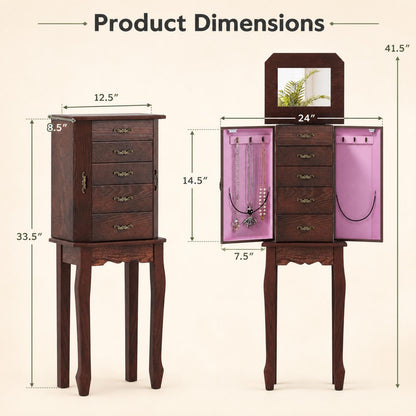 Jewelry Armoire Cabinet with Flip Top Mirror, Standing Jewelry Chest, Top Storage Tray