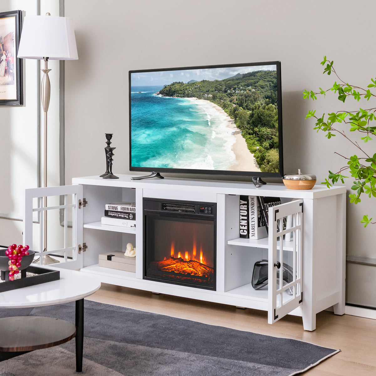 58" Fireplace TV Stand for TVs up to 65 Inches, Wooden TV Console with 18” Electric Fireplace Insert