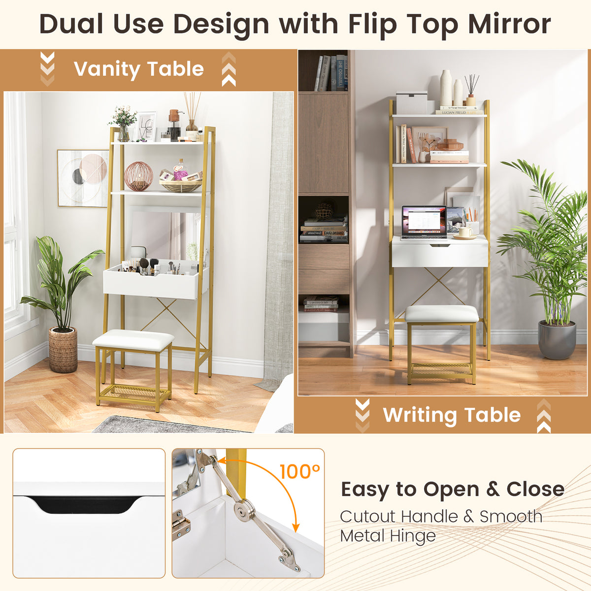 Vanity Table Set with Flip Top Mirror, Ladder Vanity Desk and Cushioned Stool Set with Shelves and Hidden Storage Compartments