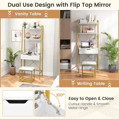 Vanity Table Set with Flip Top Mirror, Ladder Vanity Desk and Cushioned Stool Set with Shelves and Hidden Storage Compartments