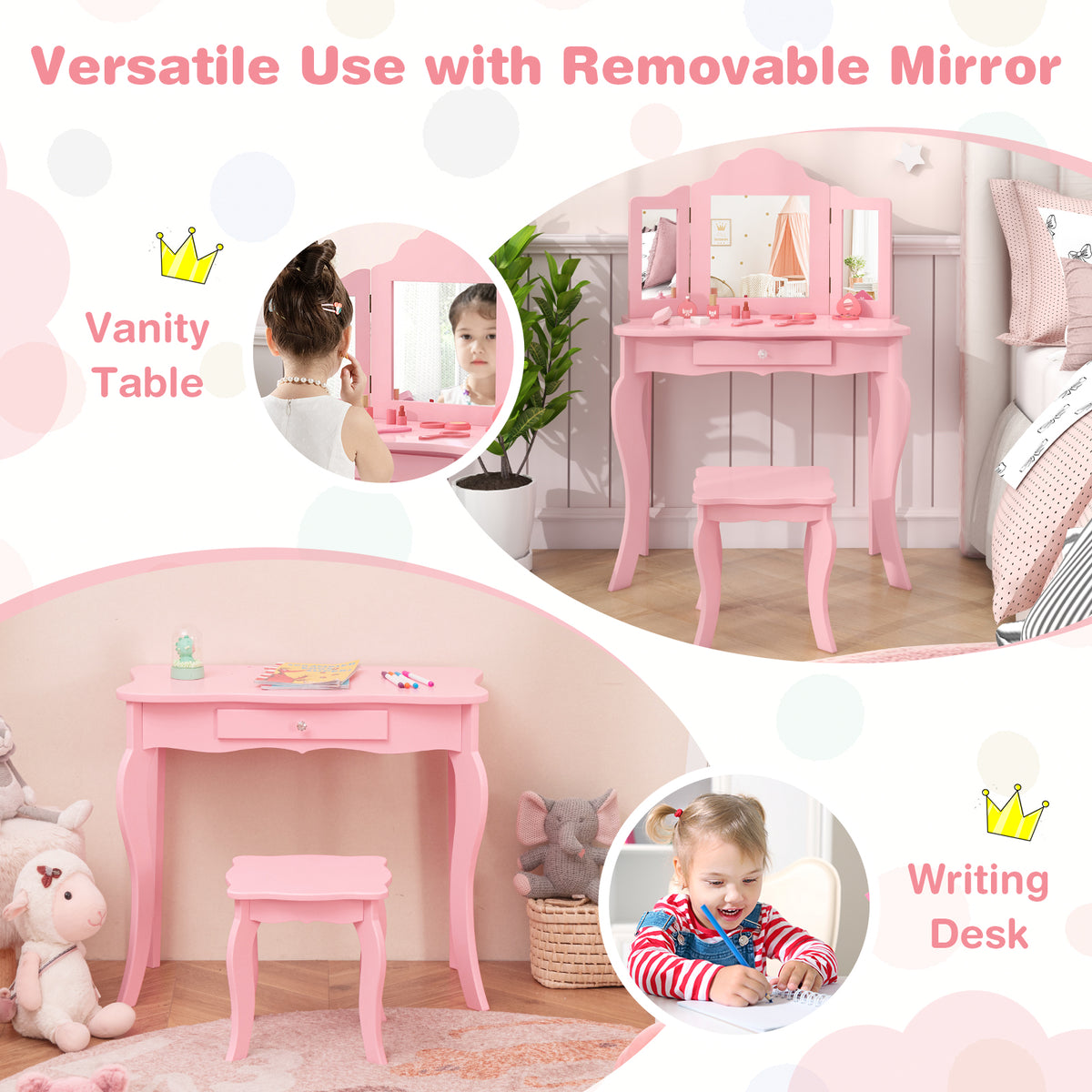 Wooden Vanity Table with Tri-Folding Mirror and Stool for Kids, Writing Table with Detachable Top and Large Capacity Drawer