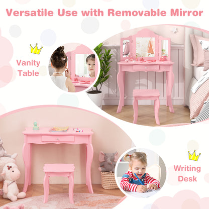 Wooden Vanity Table with Tri-Folding Mirror and Stool for Kids, Writing Table with Detachable Top and Large Capacity Drawer