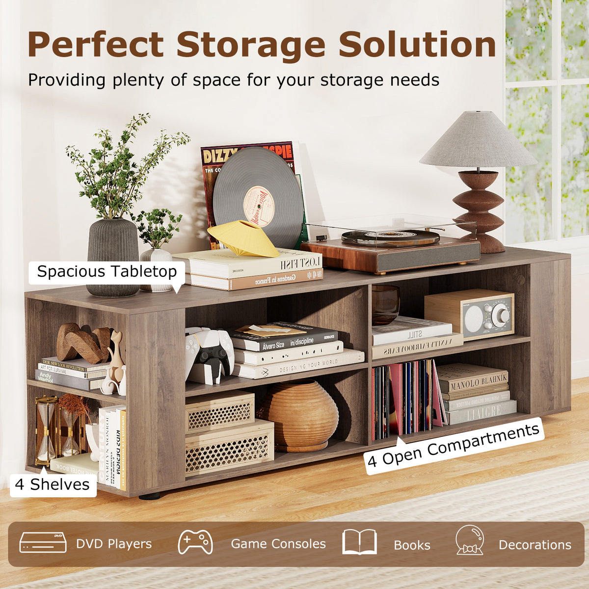 TV Stand for TVs up to 65 Inches, Modern Media Entertainment Center with 4 Open Storage Shelves and 4 Side Storage Shelves