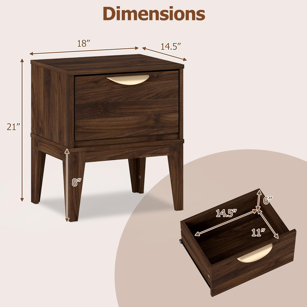 Goflame Mid Century Modern Night Stand with Storage for Small Spaces Bedroom