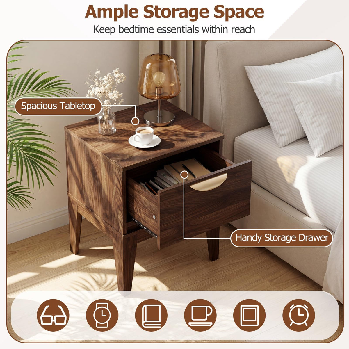 Goflame Mid Century Modern Night Stand with Storage for Small Spaces Bedroom