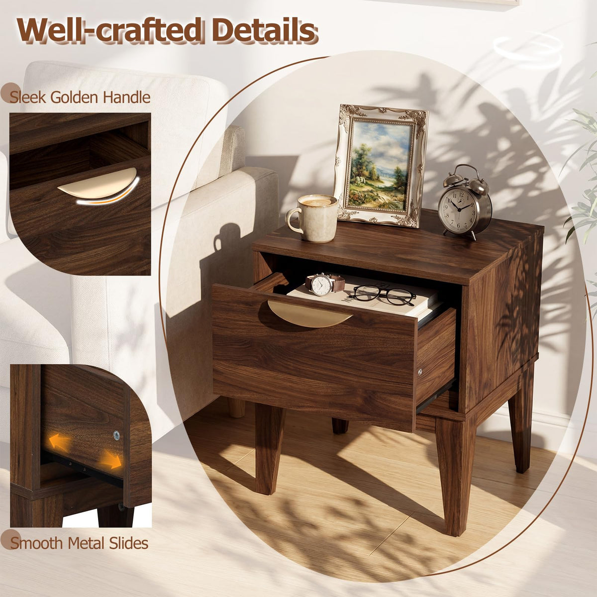 Goflame Mid Century Modern Night Stand with Storage for Small Spaces Bedroom