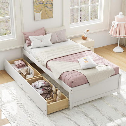 Goflame Queen/Full/Twin Size Bed Frame with 2 Storage Drawers, Solid Wood Platform Bed with Slats Support
