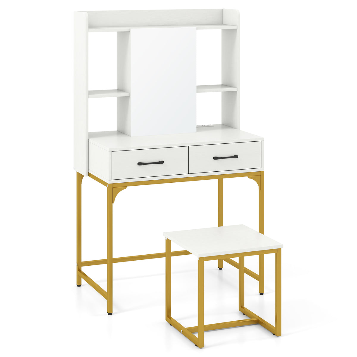 Vanity Desk Set with Charging Station, Modern Dressing Table with Mirror Cabinet