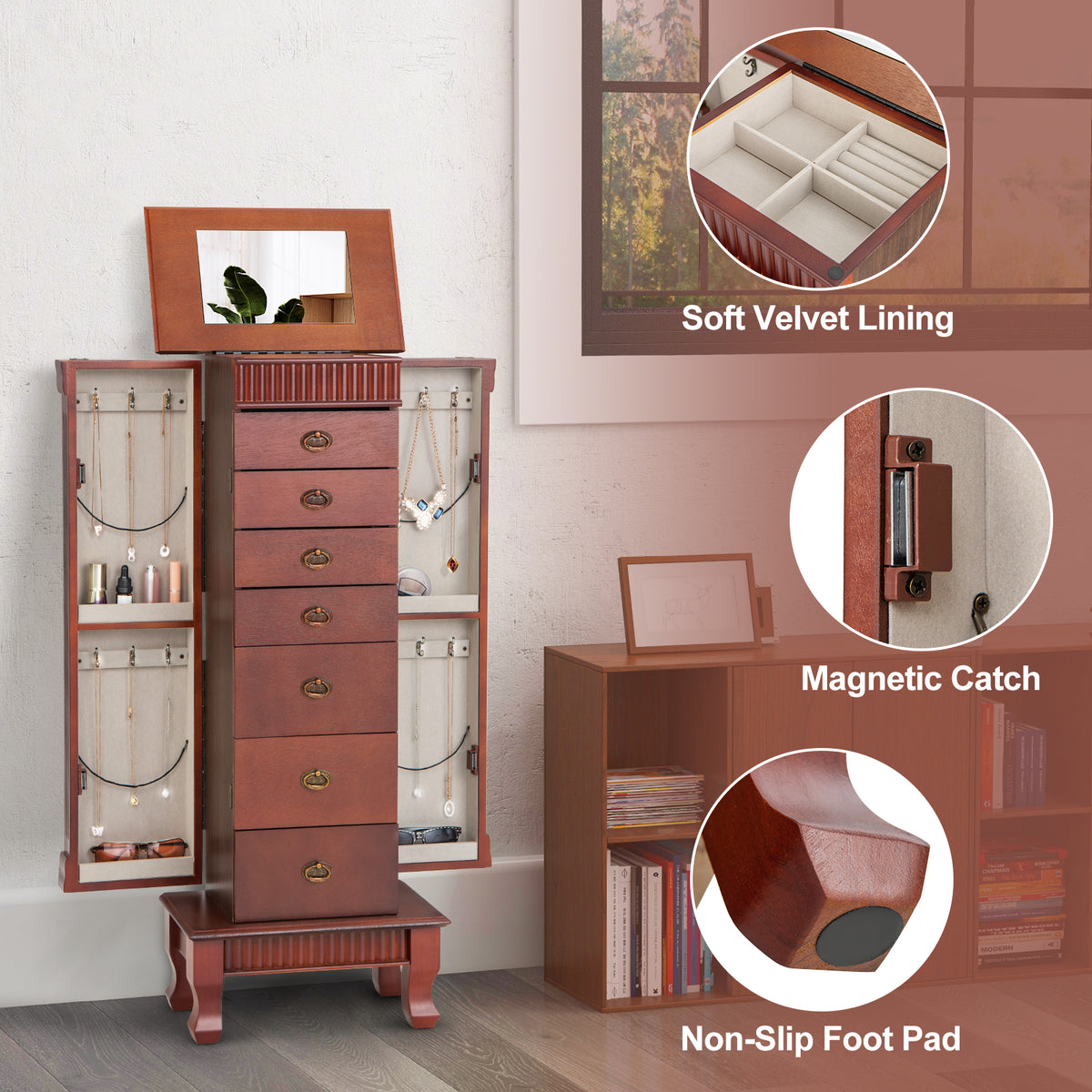 Jewelry Cabinet Armoire, Standing Jewelry Storage Organizer with Flip Top Makeup Mirror & 7 Drawers