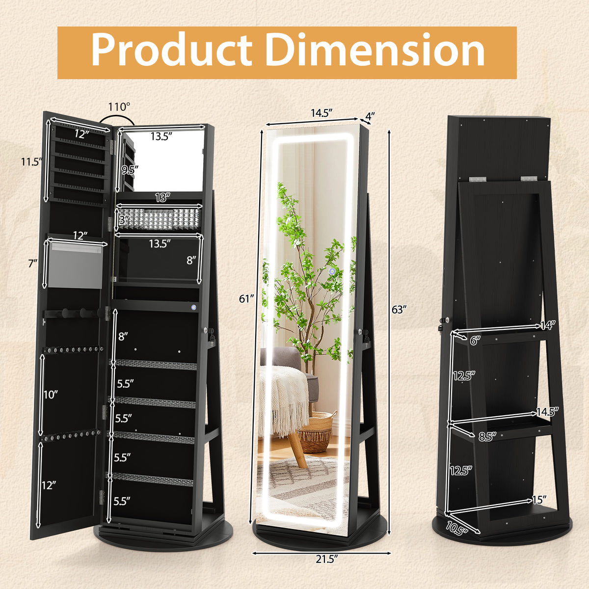 360° Swivel Jewelry Cabinet Armoire with Full Length Mirror, Standing Jewelry Storage Organizer with Rear Storage Shelves
