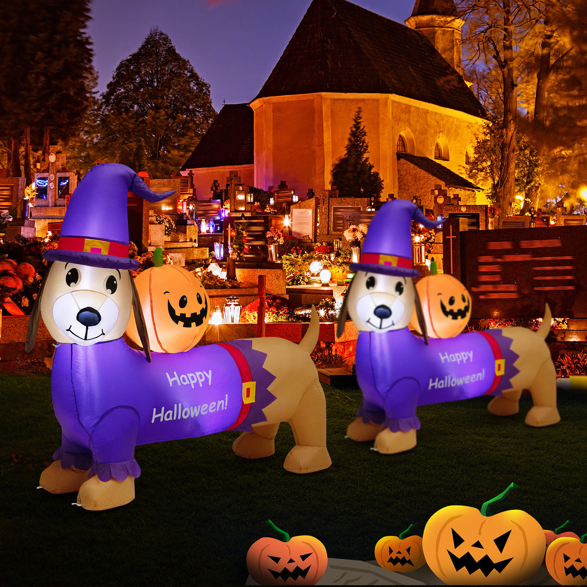 5FT Long Halloween Inflatable Dachshund, Blow Up Wiener Dog with Pumpkin & Witch Hat