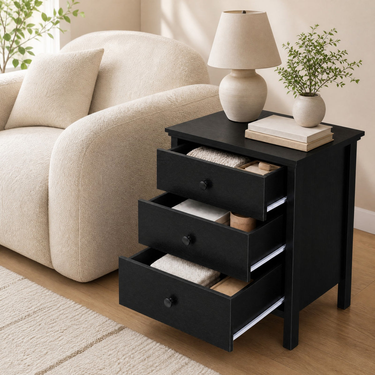 Goflame Modern 3-Drawer Nightstand Wooden Bedside Table
