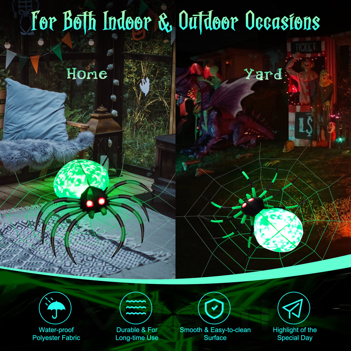 Halloween Inflatable Spider with Web, 5FT Blow Up Yard Decoration with Colorful Magic Light