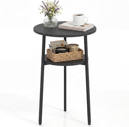 Goflame Round Side Table, 2-Tier End Table w/Metal Frame | Accent Nightstand Bedside Table w/ Storage Shelf for Small Space Sofa Couch Side