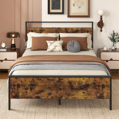 Goflame Twin Size/Full Size/King Size/Queen Metal Platform Bed Frames with Wooden Headboard & Footboard