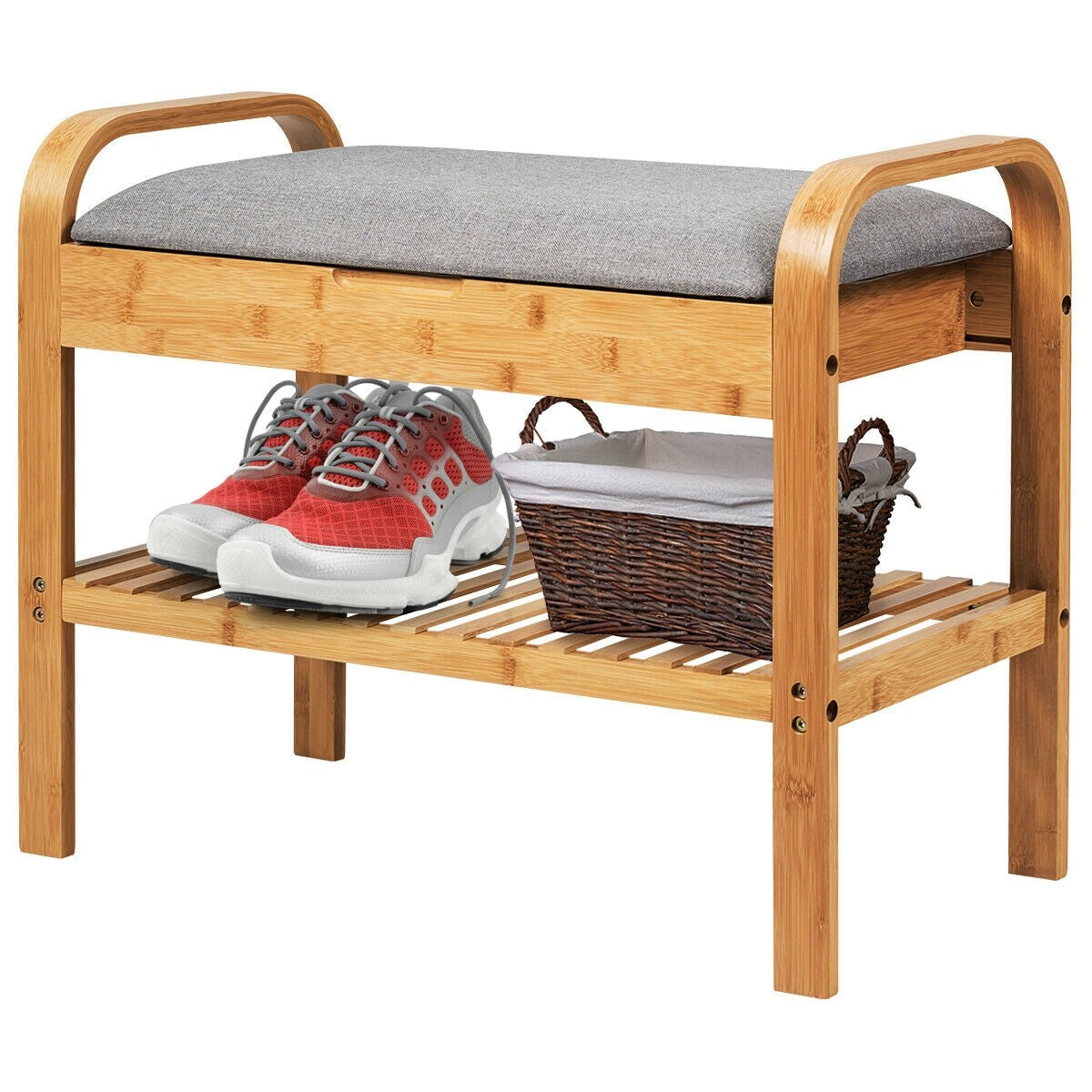 Goflame Shoe Rack Bench with Storage, Bamboo Storage Bench with Cushioned Seat, Holds Up to 330 LBS