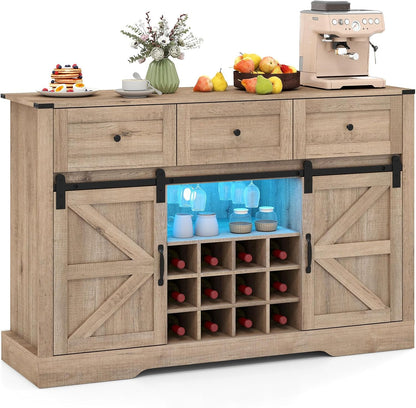 Goflame Wine Bar Cabinet with LED Lights 52" Buffet Sideboard w/Sliding Barn Door 3 Drawer