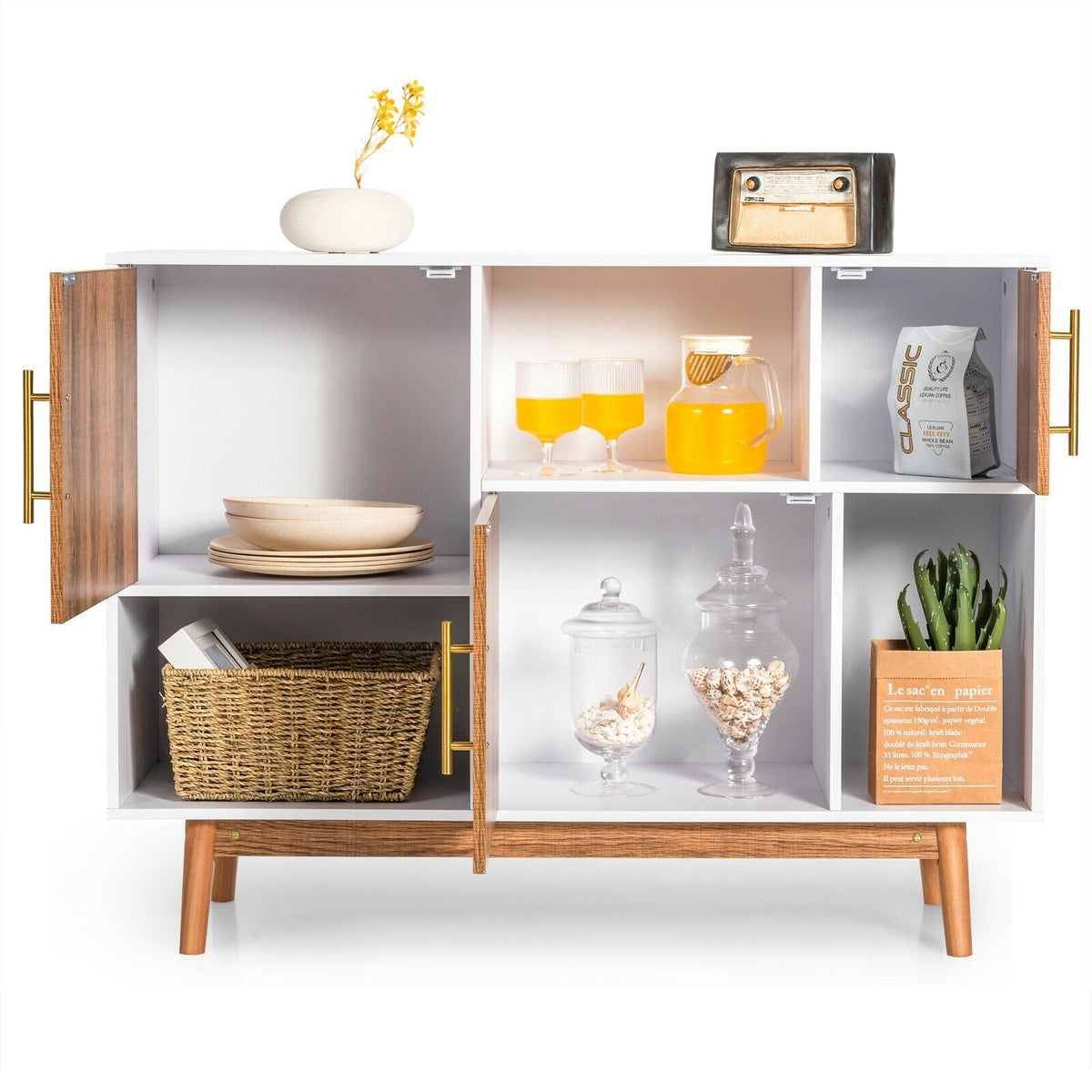 Sideboard Storage Cabinet W/Storage Compartments, Doors and Wood Legs