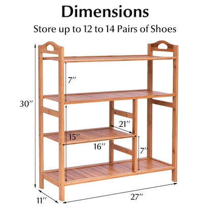 4-Tier Shoe Rack, Bamboo Shoe and Boot Rack 12-14 Pairs - Goflameus