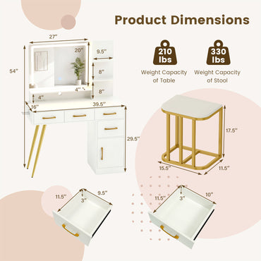 Vanity Desk with Mirror LED Light & Power Outlet, Modern Makeup Vanity Set with 3-Tier Shelves
