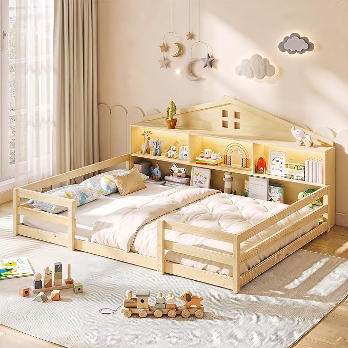 Goflame Montessori Floor Bed with LED Lights 2-in-1 Wooden House Bed Frame with Safety Guardrails