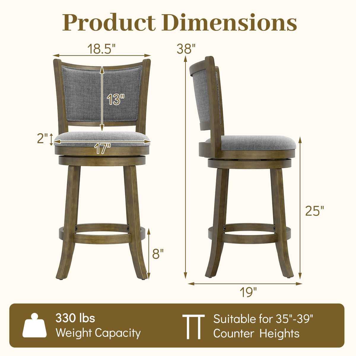 Goflame 25" Counter Height Bar Stools Set of 2/4 with Rubber Wood Frame & Upholstered Seat