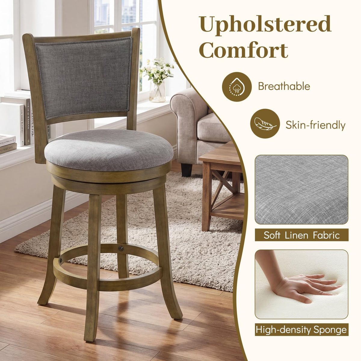 Goflame 25" Counter Height Bar Stools Set of 2/4 with Rubber Wood Frame & Upholstered Seat
