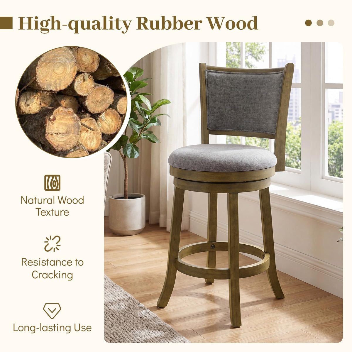 Goflame 25" Counter Height Bar Stools Set of 2/4 with Rubber Wood Frame & Upholstered Seat