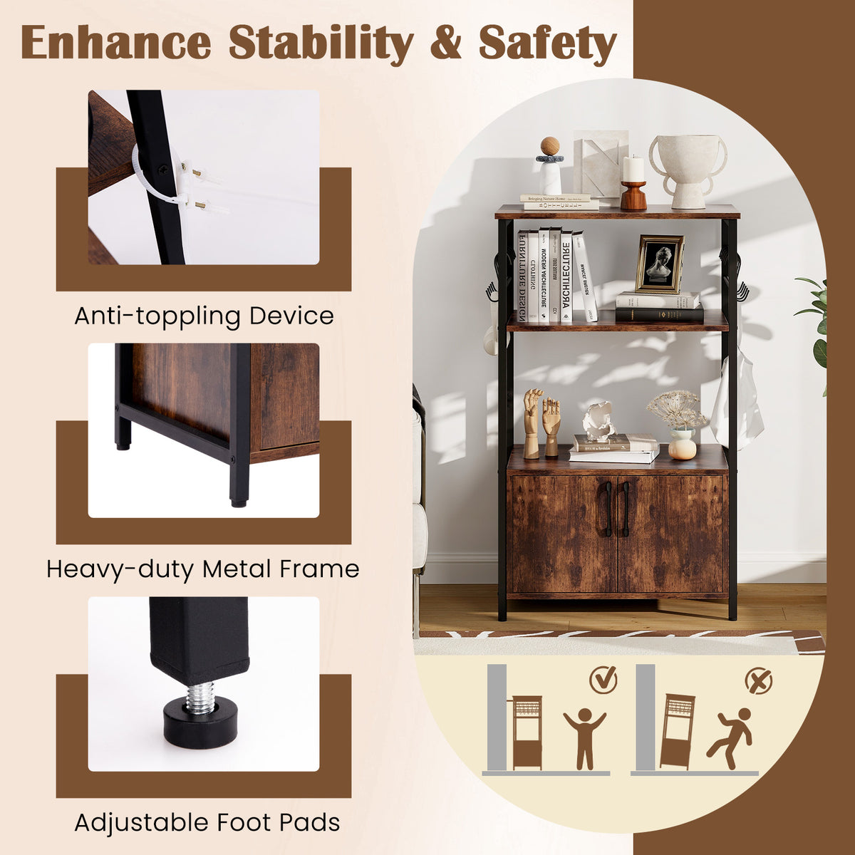 Kitchen Baker's Rack with Cabinet, 3-Tier Pantry Cabinet with 2 Open Shelves