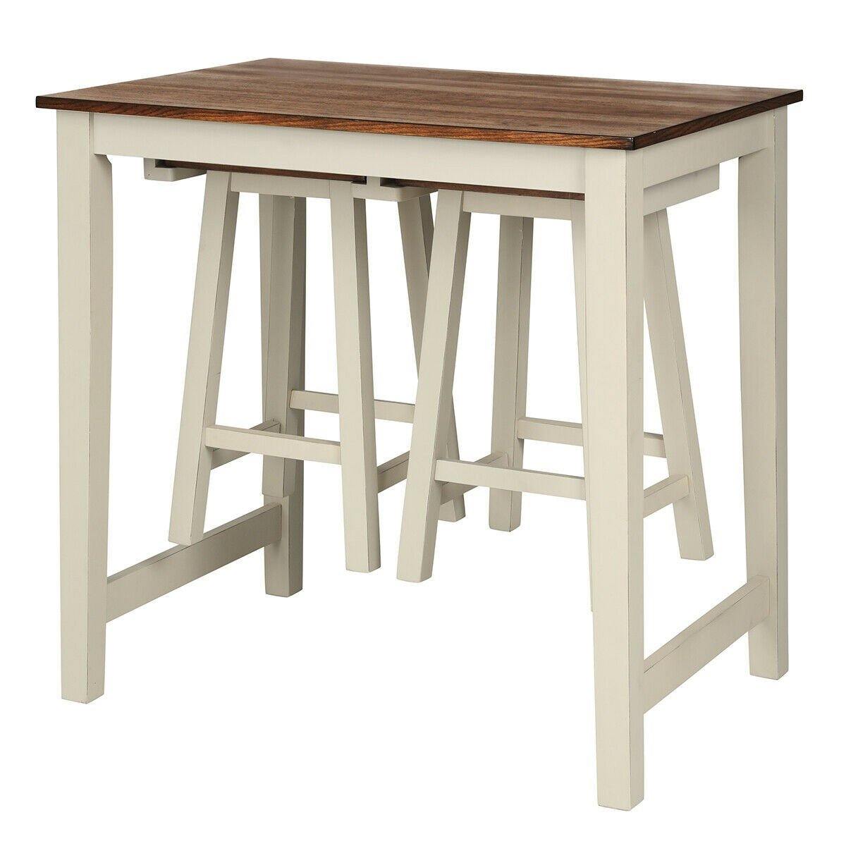3 Piece Pub Dining Set, Counter Height Pub Table with 2 Saddle Bar Stools, Tavern Collection Table (Brown & Milky White) - Goflameus