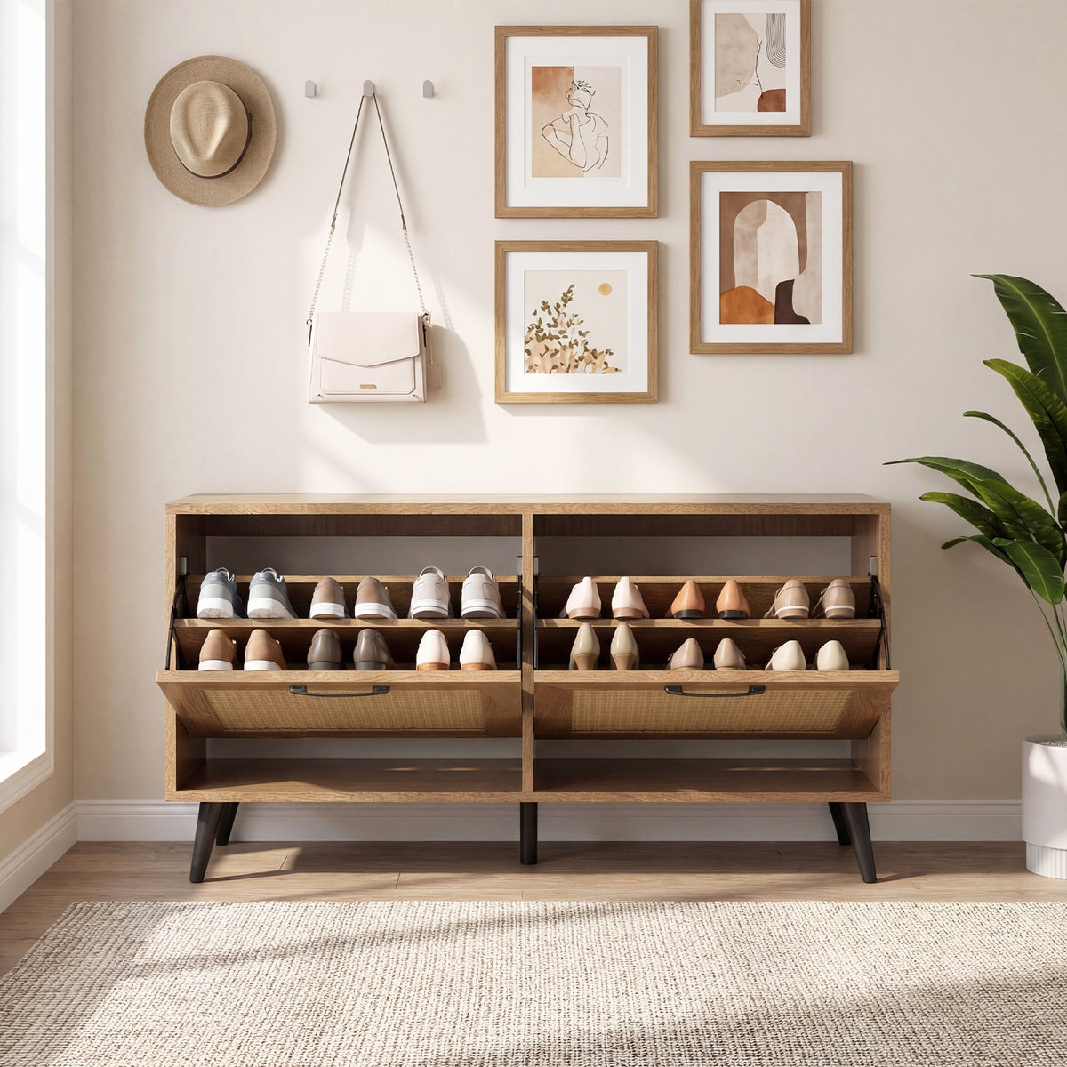 Rattan Shoe Storage Cabinet with 2 Flip Drawers, Hidden Shoe Storage Organizer with Adjustable Shelves and Metal Legs