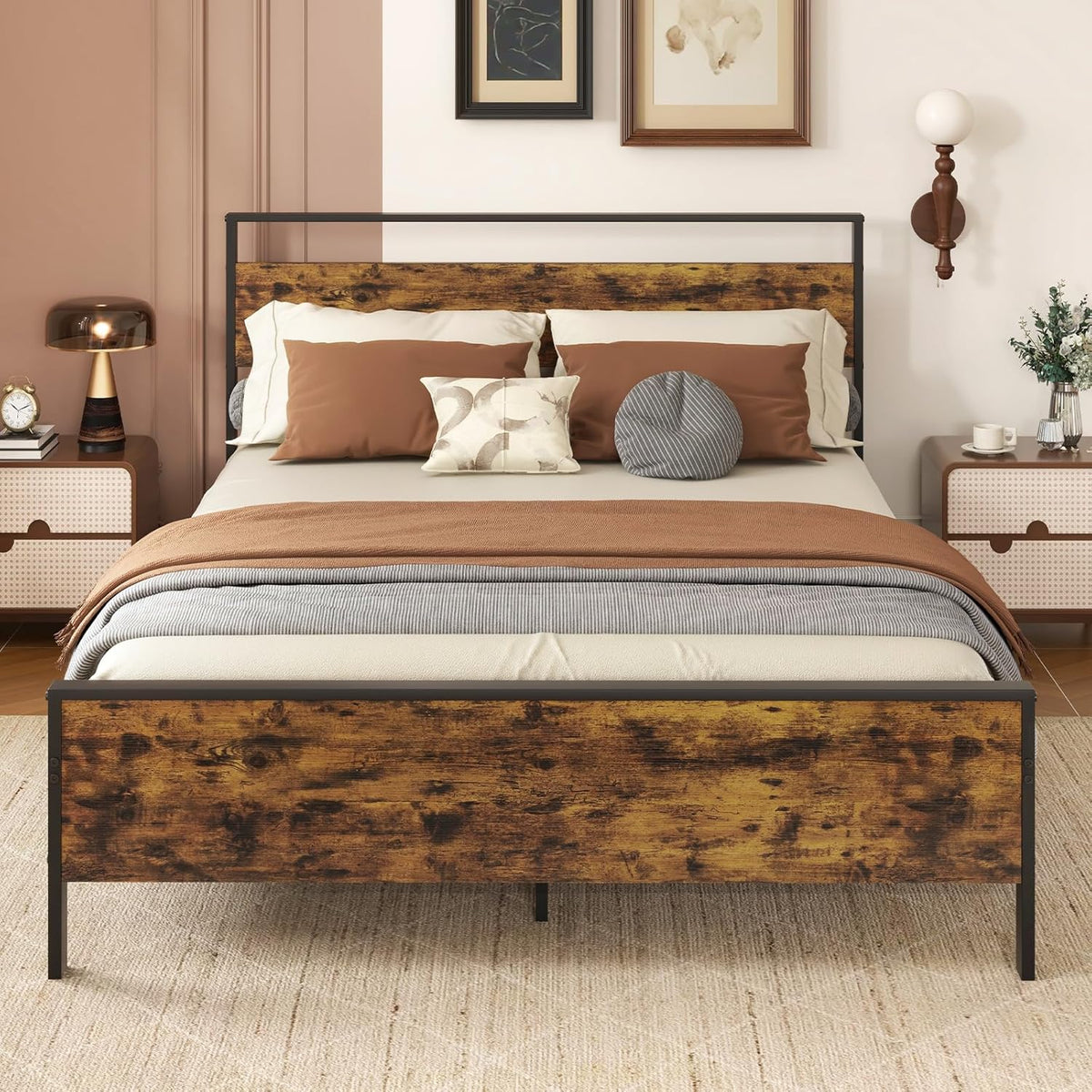 Goflame Twin Size/Full Size/King Size/Queen Metal Platform Bed Frames with Wooden Headboard & Footboard