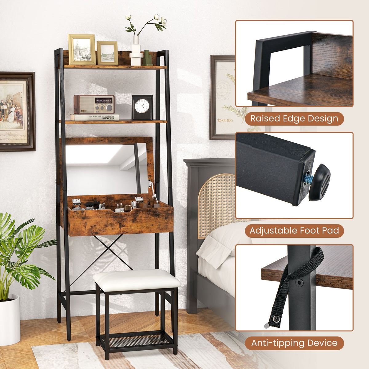 Vanity Table Set with Flip Top Mirror, Ladder Vanity Desk and Cushioned Stool Set with Shelves and Hidden Storage Compartments