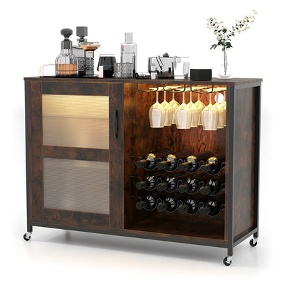 Wine Bar Cabinet with Wheels and LED Lights, Industrial Coffee Bar Cabinet for Liquor