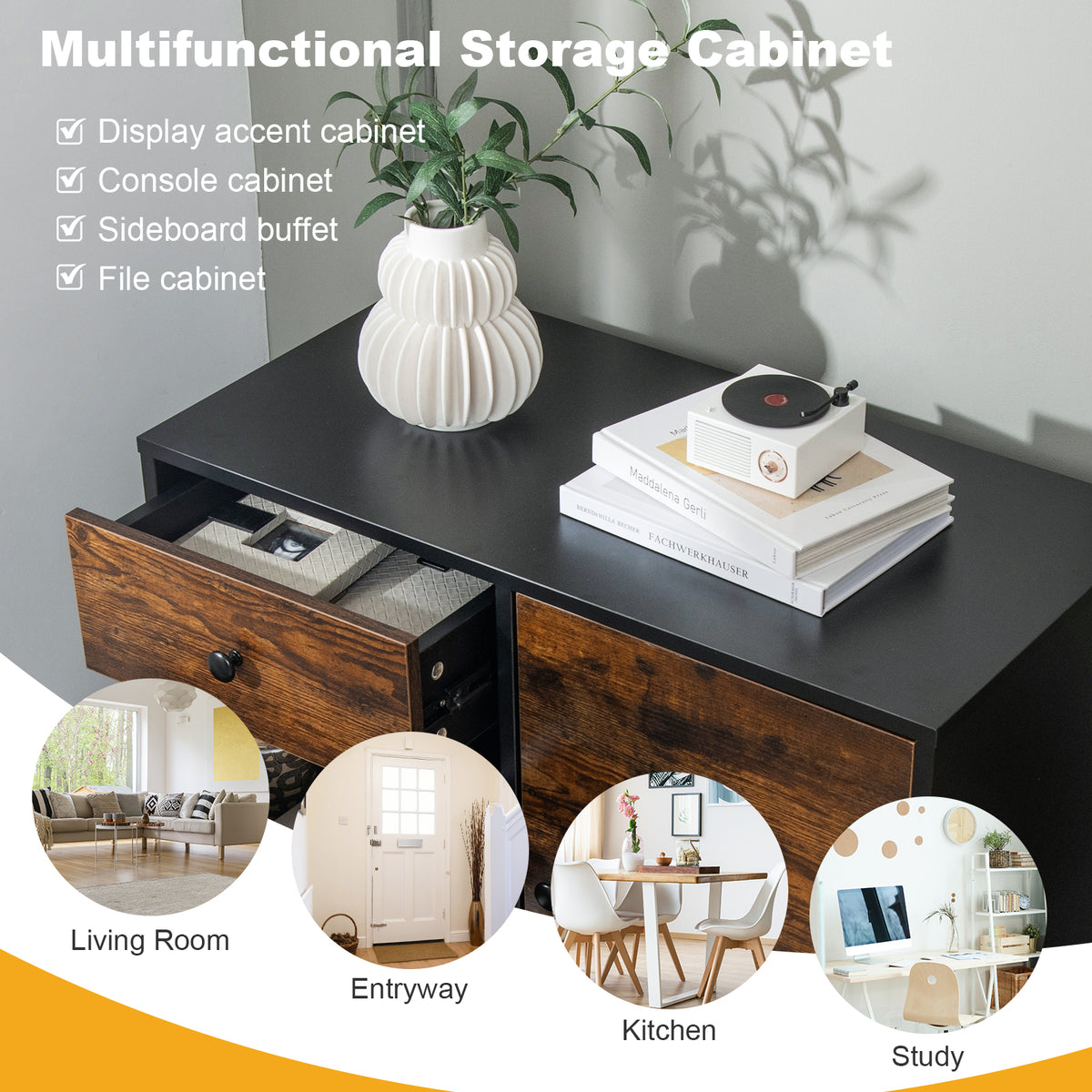 Storage Cabinet with Door & 3 Drawers, Mid-Century Floor Cabinet with Adjustable Shelf