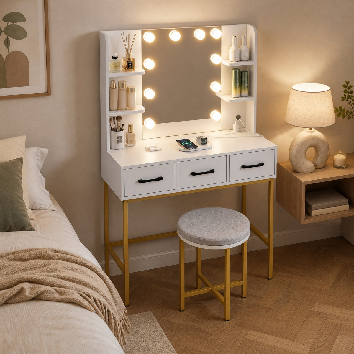 Vanity Desk with Lights & Charging Station, White & Gold Makeup Vanity with Chair