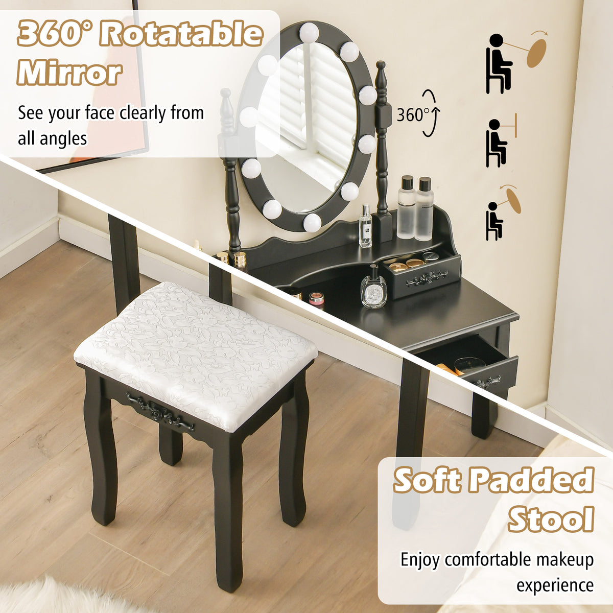 Vanity Table Set with Lighted Rotatable Mirror, Dressing Table with 3-Color Lights & Adjustable Brightness