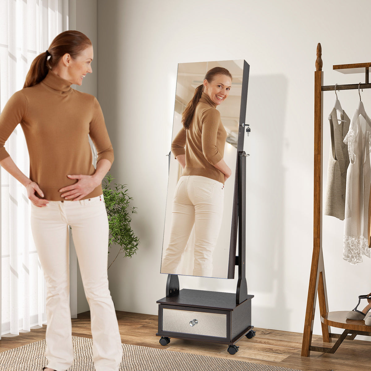 Standing Jewelry Cabinet Armoire with Wheels, Lockable Jewelry Storage Organizer with Full Length Mirror
