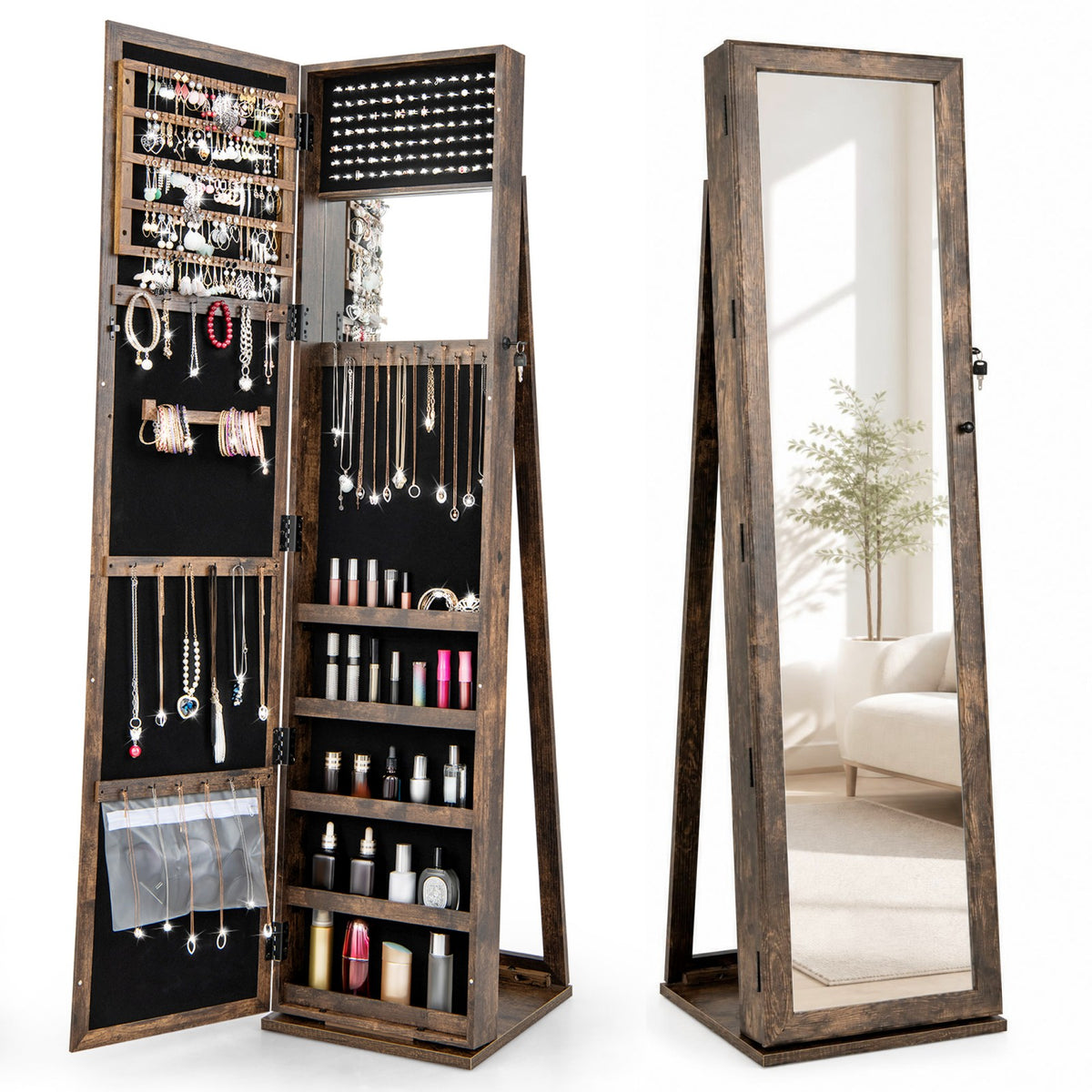 Jewelry Cabinet with Full-length Mirror, Jewelry Storage Organizer with Makeup Mirror