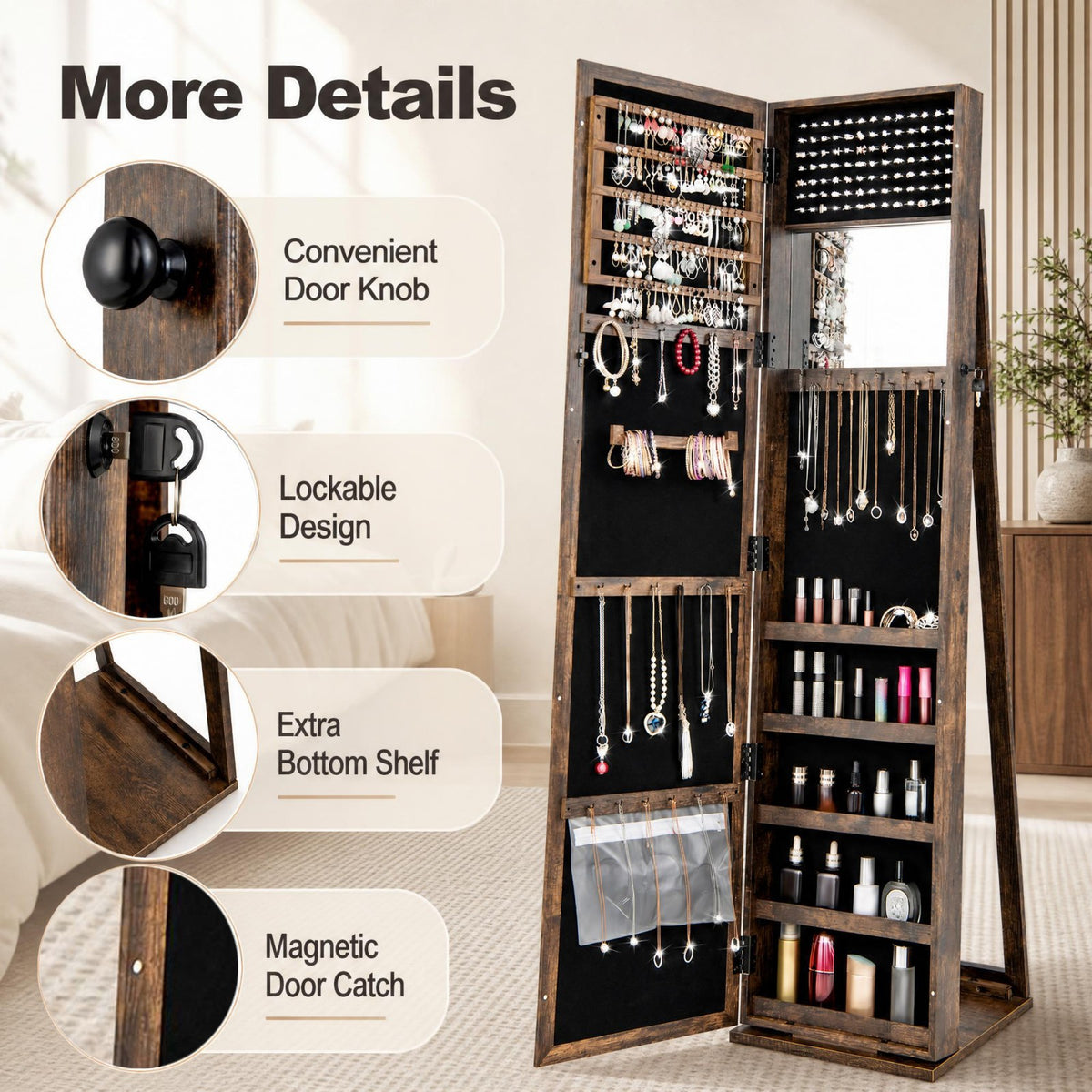 Jewelry Cabinet with Full-length Mirror, Jewelry Storage Organizer with Makeup Mirror
