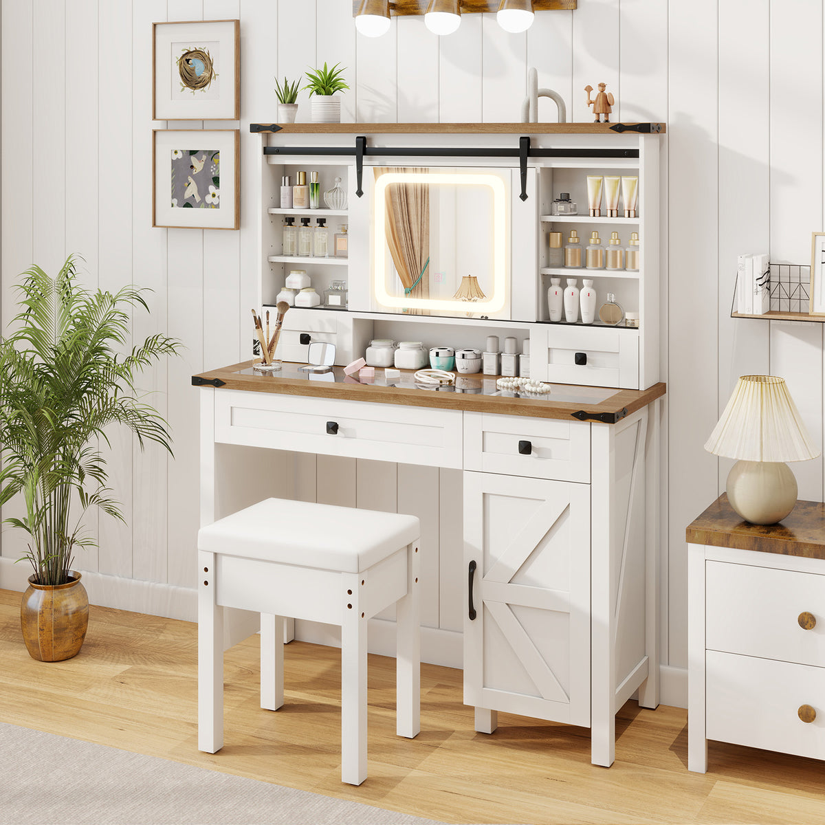 Farmhouse Vanity Desk with Sliding Mirror and Lights, Makeup Vanity Desk Set with Glass Desktop