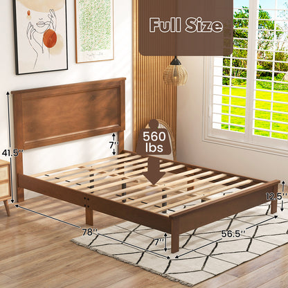 Twin Size Wood Bed Frame, Mid-Century Modern Platform Bed with Headboard