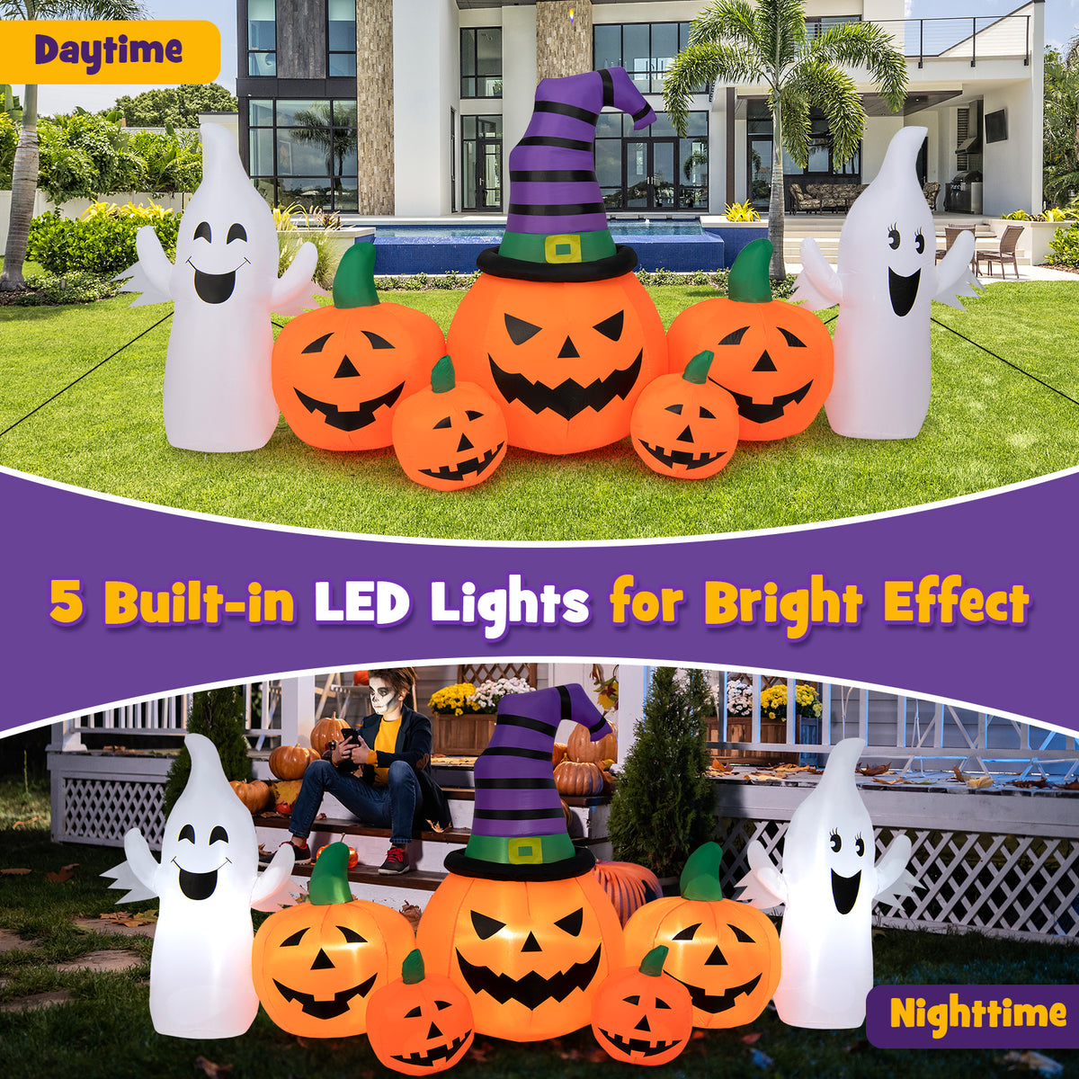 9FT Long Halloween Inflatable Pumpkin with 2 Ghosts, Blow up Yard Decoration with Built-in LED Lights