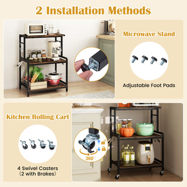 Rolling Kitchen Microwave Cart with Power Outlet, Casters & Foot Pads Dual Way Installation Microwave Stand